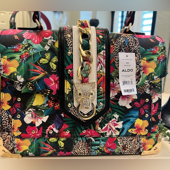 Aldo Baro Tropical Print Top Handle Satchel Bag, Yellow/Multi w/ Crossbody Strap - Picture 7 of 10